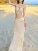 Bikini de Dos Piezas Estilo Nuevo para Vacaciones en la Isla, Top de Tubo Puro y Sexy con Tirantes de Perlas, Traje de Baño de Tres Piezas con Falda Larga de Alta Gama