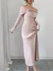 Vestido Tricô Off-Shoulder com Decote One-Line Transfronteiriço para Mulheres, Novo Estilo Outono e Inverno, Vestido Elegante de Comprimento Médio Retro Acima do Joelho