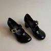 Sapatos Mary Jane de Solado Grosso Estilo Retrô para Mulheres, Sapatos Baixos Pretos para Combinar com Saias, Sapatos Pequenos de Couro para Mulheres, Superfície de Couro, Slip-Ons de Bico Redondo