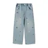 Jeans Infantil Pudding Haru 2025 Inverno Lã Bordado Cachorro Desenho Jeans para Meninas Versátil Emagrecimento