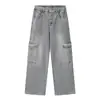 Jeans Denim Workwear Lavado Retrô Masculino Outono Inverno Novo Estilo Streetwear Americano Bolsos Grandes Perna Larga Solta Calças Compridas