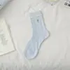 Calcetines Finos de Verano para Mujer, Calcetines Caídos con Bordado de Oso de Dibujos Animados a Media Pantorrilla, Calcetines Rayados con Letras Estilo Universitario, Algodón Puro