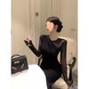 Retro Sexy Hermana Real Negro Elegante Vestido de Punto de Malla para Mujer Otoño Cintura Adelgazante Look Manga Larga Falda Larga Ajustada a las Caderas