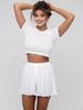 Verano 2025 Nuevo Europeo y Americano Transfronterizo Tops Blancos Elásticos de Manga Corta Ajustados Cuello Redondo Set de Shorts para Mujer Ropa para el Hogar