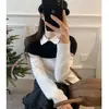 Top de punto de contraste en blanco y negro, estilo dos piezas falsas, con cuello camisero y manga larga para mujer, nueva camisa básica de otoño ajustada, elegante top blanco