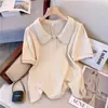 Tops de Diseño Único Talla Plus para Mujeres Petites, Camisas de Verano Juveniles con Cuello de Muñeca y Perlas de Manga Corta, Nuevo Estilo 2025