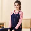 Casaco Suéter Cardigan Feminino Primavera e Outono Nova Cor Color Block Corrida Casual Solto Emagrecedor Com Capuz Zíper Top Tendência