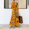 Vestido Longo de Sol Feminino 2024 Vintage Solto Manga Longa Gola Lapela Estampado Cardigã Vestido Longo Bohemia