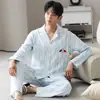 Algodão PuroPijama Masculino de Manga Longa com Gola Reversível, Conjunto de Pijama Listrado Outono para Jovens com Desenho Animado, Corte Amplo