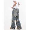Jeans Americano Retrô Original Estampado Floral Perna Larga Cintura Alta Design Nicho Calças Retas Transfronteiriço