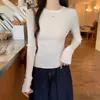 Top base canelado com babados, juvenil e rejuvenescedor, para mulheres, suéter de tricô elegante para outono, gola redonda, caimento justo