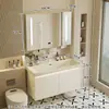 Gabinete de baño con lavabo integrado de piedra chapado en oro de lujo ligero estilo italiano, juego de tocador para baño