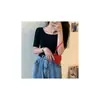 Blusas Femininas Casuais de Seda Fresca para Primavera e Verão, Manga Curta, Gola Quadrada, Camiseta Slim Feminina, Blusa de Tricô Lisa para Usar por Baixo, Cor Pura