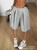Shorts Casuais Lisos Plissados Estilo de Rua Primavera e Verão Feminino Transfronteiriço, Calça Esportiva Solta de Pernas Largas com Cordão Cintura Elástica Cinco Pontos