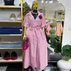 Ropa Femenina Europea y Americana 2025 Otoño Nuevo Dulce y Fresco Rayas Solapa Manga Corta Cintura Alta Delgado Vestido Cárdigan Falda Larga