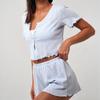 Pijama de Comércio Exterior Transfronteiriço Algodão Tricotado Sexy Vazado Cardigã com Botões Bainha Orelha Manga Curta Shorts Roupa de Casa Conjunto de Duas Peças