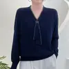 2025 Nueva Camiseta Básica Casual Ajustada Moda Reductora de Edad Versátil Cinta de Pedrería Cuello en V Manga Larga Tejer Top para Mujer