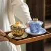Tazón de Tres Tapas de Alta Calidad Flotante No Caliente Reunión Familiar Individual Invitado Tazón de Té Giratorio Cerámica Juego de Té Kung Fu