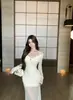 Vestido Sexy de Estilo Maduro Ajustado con Parches de Malla sin Hombros de Manga Larga para Mujer, Vestido Largo Bodycon Fruncido de Primavera