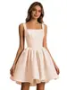 Elegante vestido de noite curto com decote quadrado, alças largas nos ombros, acinturado, efeito emagrecedor, adequado para festas, apresentações e reuniões anuais, estilo europeu e americano