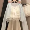Conjunto de Top tipo Cárdigan Chal de Encaje Estilo Francés para Niñas de Verano, Nuevo Color de Moda Bloqueo de Color Casual Conjunto de Falda Corta para Niños Mayores