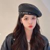 Boina Negra de Cuero PU Estilo Coreano Cadena Primavera Otoño Celebridad de Internet Ins de Moda Todo Fósforo Vintage Gorra de Pintor para Mujer