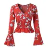 Blusa superior de gasa con estampado, volantes, manga larga acampanada y cuello en V, de diseño propio, europea y americana, nueva para Primavera y Otoño 2022, para mujer