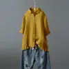 Comércio Exterior Transfronteiriço Tiktok Shopee Loja Camiseta Manga Curta Cor Sólida Algodão e Linho Retrô Camisa Top Puro Algodão Casual Feminino