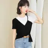 Tiro real2026 Verano Nuevo Estilo Patchwork Negro Falso Dos Piezas Hombro Normal Camiseta Sentido del Diseño Superior Irregular