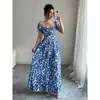 Vestido Largo Estampado de Verano para Mujer con Mangas Abullonadas, Cierre de Lazo en la Cintura, Fruncido, Adecuado para Vacaciones