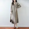 Otoño e Invierno Nuevo Vestido de Lana 100% para Mujer Cuello en V Falda Interior hasta la Rodilla Diseño con Abertura Base de Suéter
