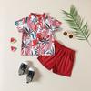 Conjunto de Verão para Meninos, Camisa de Manga Curta com Lapela para Crianças, Shorts Vermelhos, Conjunto de 2 Peças, Roupas Casuais para Bebês e Crianças em Férias na Praia