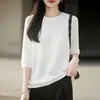 Top de Punto Minimalista de Lujo Ligero con Cuello Redondo y Media Manga para Mujer, Camiseta de Manga Corta, Top Fino Transpirable de Manga Media, Capa Base