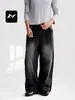 Jeans preto carvão estilo retrô americano para homens e mulheres, corte solto, estilo de rua, desgastado e desbotado, calças retas largas casuais da moda