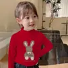 Y2132# camisa de base de veludo com gola semi-alta para meninas outono e inverno nova roupa de outono camiseta de manga comprida para crianças grandes camiseta quente