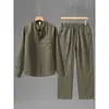 Traje Casual de Lino para Hombre Estilo Old Money, Camisa de Manga Larga Transpirable Cómoda Retro para Hombre y Pantalones Largos de Lino