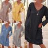 Vestido europeo y americano de estación independiente de ebay, casual de otoño e invierno, holgado, de color sólido, con bolsillo, manga larga, cuello en V, de algodón y lino, ropa de mujer