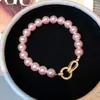 Brilho Rosa Claro~Pulseira de Pérola Redonda de Zircônia, Pulseira Estilo Retrô Francês, Design de Nicho, Joia de Luxo Leve para Mulheres