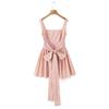 7084-24 verão nova menina francesa rosa irregular laço costas vestido de cintura de renda