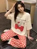 Pijama de Verão para Mulheres, Calça de Xadrez de Manga Curta, Moda Casual Solta, Conjunto de Duas Peças Fofo de Desenho Animado para Casa