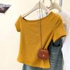 Camiseta de Manga Corta con Textura Transfronteriza para Mujer, Verano, Estilo Coreano, Ajustada, Camiseta Básica, Top de Hombro Corto