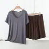 Conjunto informal de dos piezas para mujer, camiseta de manga corta con cuello en V talla grande y shorts, conjunto de pijama de modal de verano