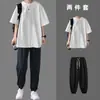 Traje de verão com manga curta masculino marca de moda americana camiseta rufião bonito um conjunto de calças casuais combinando meninos legal bonito usar traje