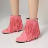 Botas leves, versáteis para outono e inverno, bico redondo, salto baixo, botins para mulheres, tamanho grande para exportação, sem cadarço, comércio exterior, botas com franjas
