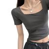 Camiseta Preta de Manga Curta para Mulheres, Corte Justo, Cintura Alta, Cropped, Top de Manga Meia-Manga Colante, Branco Novo Estilo 2026, Decote U, Decote Redondo
