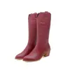 32 Botas de Cuero Tacones Altos Botas Chelsea Gruesas Nuevas para Mujer Comercio Exterior Cabeza Redonda Botas de Jinete Manga Étnica Bordado Blanco