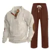 Cross-border masculino outono e inverno novo sportswear duas peças veludo cotelê botão henry camisa e calças retas terno casual