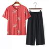 Traje de verão para avós de mulheres de meia-idade e idosas, roupas de algodão e seda para mães idosas, blusa de manga curta para idosos, conjunto de duas peças