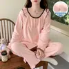 Pijama Derong para Mujer con Almohadillas para el Pecho Otoño e Invierno Nuevo Estilo Coreano Dulce Sencillo de Manga Larga Engrosado Cálido Conjunto de Ropa para el Hogar