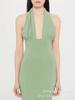 2025 Nuevo Europeo y Americano Transfronterizo Deseo Puro Moda Color Sólido Cuello en V Espalda Descubierta Halter Bodycon Sirena Vestido Largo para Mujer